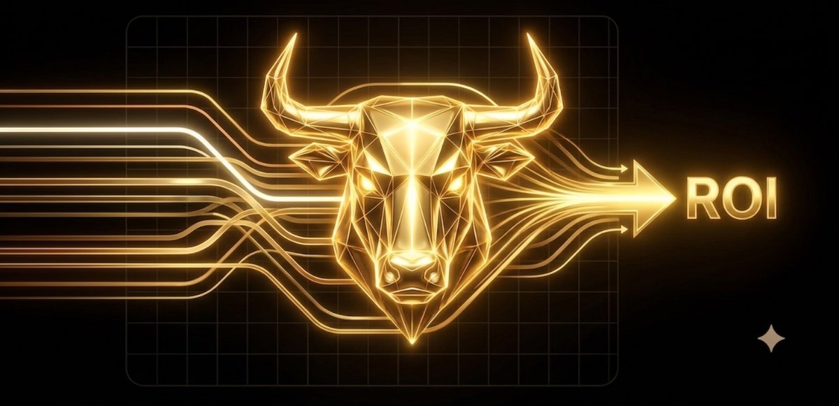 Touro Miura dourado conectado a fluxos de dados convergindo em ROI
