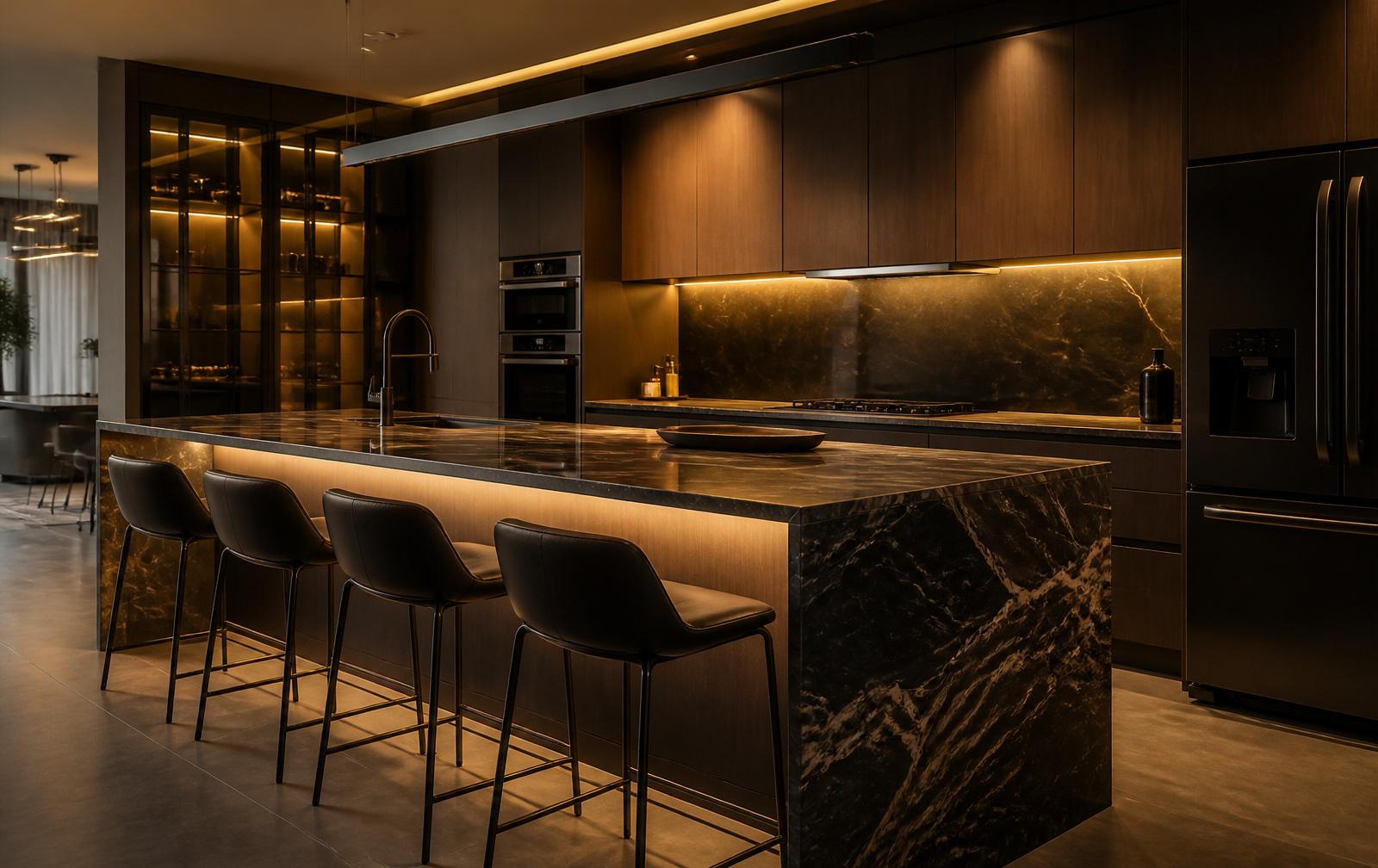 Cozinha planejada moderna com iluminação dourada
